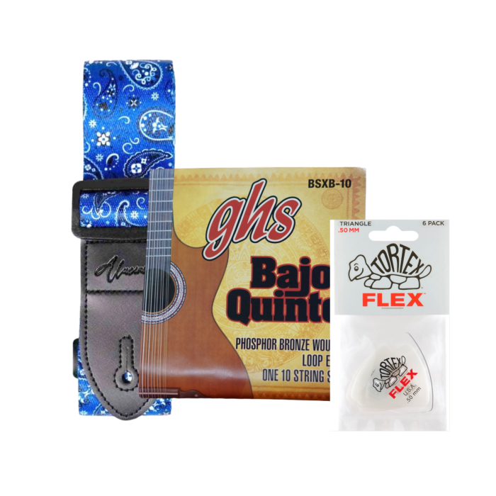 Valentine’s Day Bajo Quinto Accessories Bundle – Blue Paisley Strap + GHS Strings + Tortex Picks