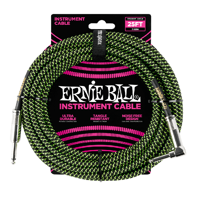 Ernie Ball 25' Braided Straight / Angle Instrument Cable - Black / Green  