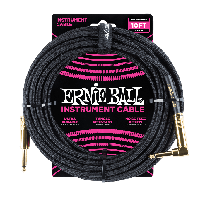 Ernie Ball 10' Braided Straight / Angle Instrument Cable - Black w/Gold Connectors