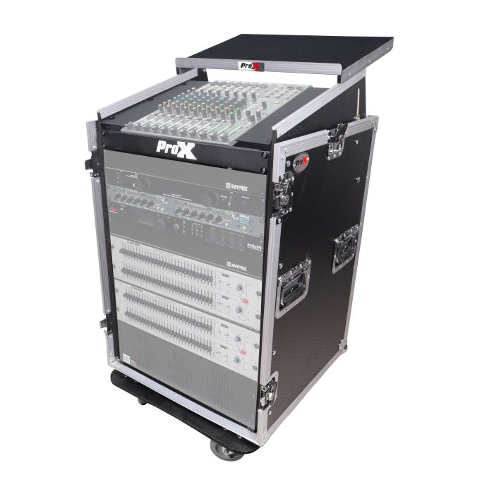 Prox PRT16MRLT 16U Vertical Rack Mount Flight Case with 10U Top for Mixer Combo Amp Rack with Laptop Shelf and Caster Wheels