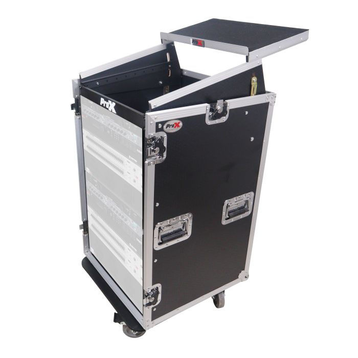 Prox PRT18MRLT 18U Vertical Rack Mount Flight Case with 10U Top for Mixer Combo Amp Rack with Laptop Shelf and Caster Wheels