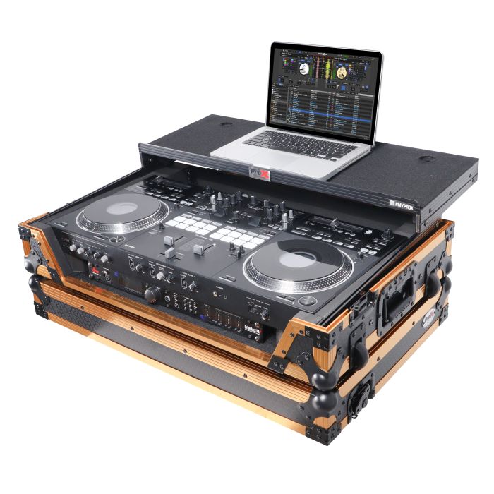 Prox PRXSDDJREV7WLTFGLD ATA Style Flight Case for Pioneer DDJ-REV7 DJ Controller with Laptop Shelf Wheels and 1U Rack Space Gold Black Finish