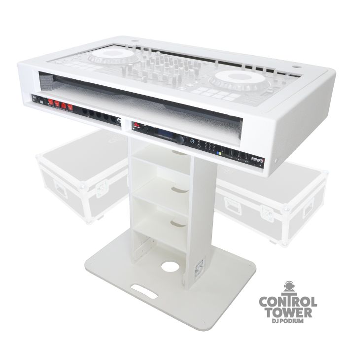 Prox PRXZFDJCTW2UCASE Control Tower DJ Podium 2x 1U Rack Space with Road Cases for Pioneer DDJ-REV7 XDJ-XZ DDJ-1000 RANE One - White Finish