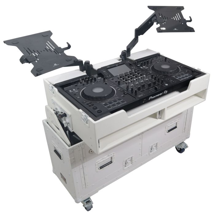 Prox PRXZFUCXXWHITE Flip-Ready Hydraulic DJ Flight Case For Pioneer DDJ-REV7 XDJ-XZ DDJ-1000 SZ2 SX3 with Wheels and 2x Laptop Trays White Finish
