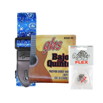 Valentine’s Day Bajo Quinto Accessories Bundle – Blue Paisley Strap + GHS Strings + Tortex Picks