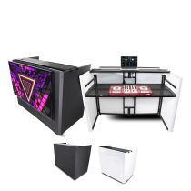 Prox PRXFMESAMEDIAMK2 MESA MEDIA MK2 DJ Facade Table Workstation Includes TV Bracket Mount White & Black Scrims and Carry Bag