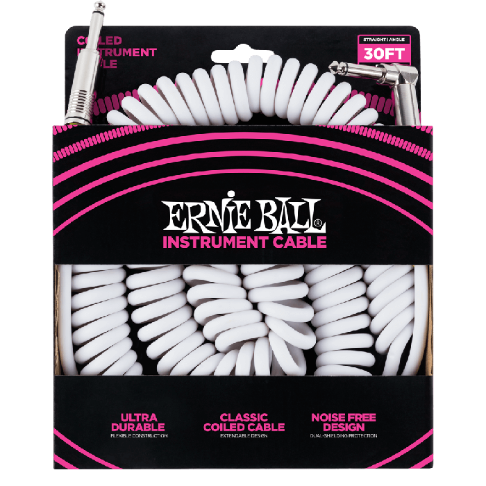 Ernie Ball 30' Coiled Straight / Angle Instrument Cable - White  