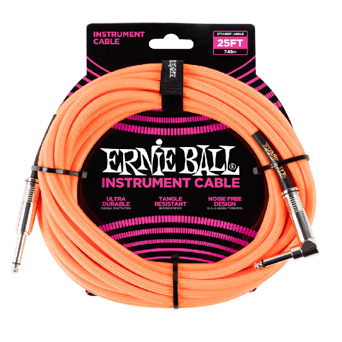 Ernie Ball 25' Braided Straight / Angle Instrument Cable - Neon Orange  