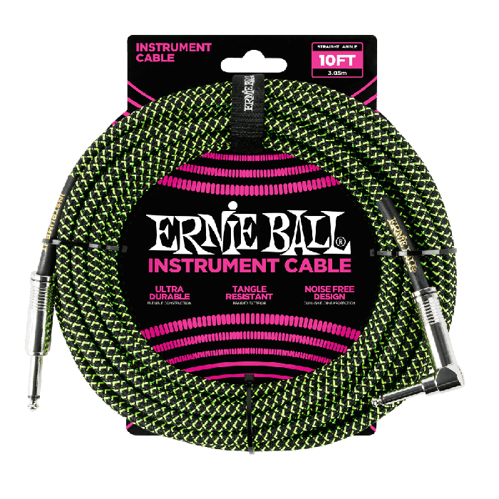 Ernie Ball 10' Braided Straight / Angle Instrument Cable - Black / Green