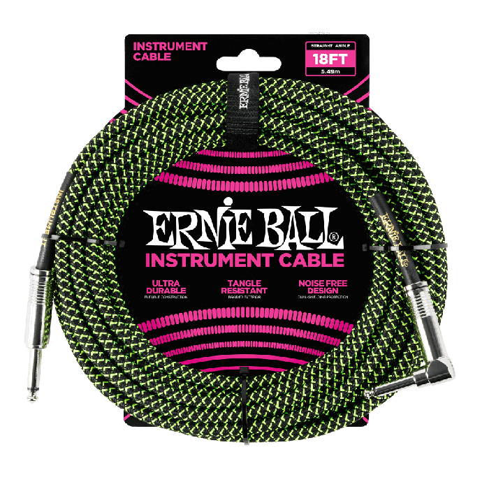 Ernie Ball 18' Braided Straight / Angle Instrument Cable - Black / Green