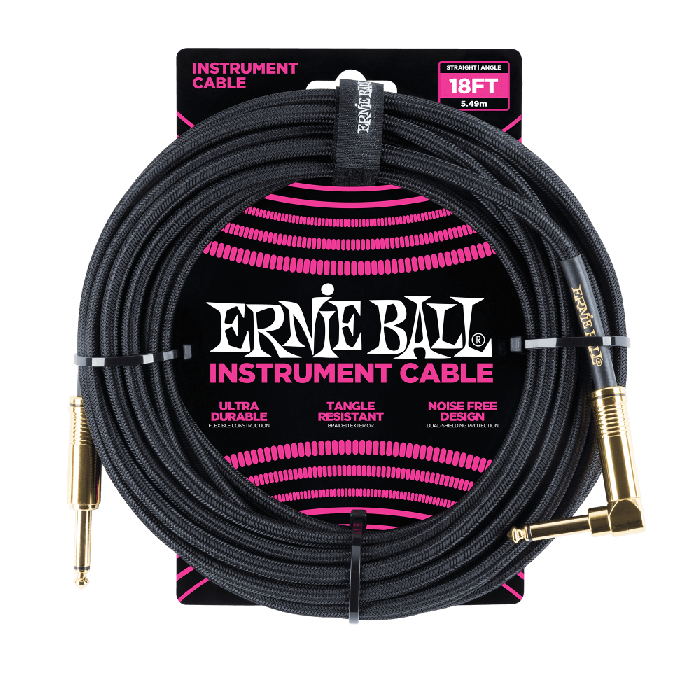 Ernie Ball 18' Braided Straight / Angle Instrument Cable - Black w/Gold Connectors