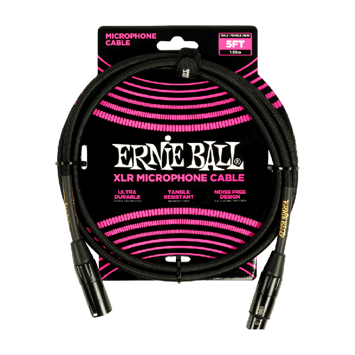 Ernie Ball 5' Braided Male Female XLR Microphone Cable Black