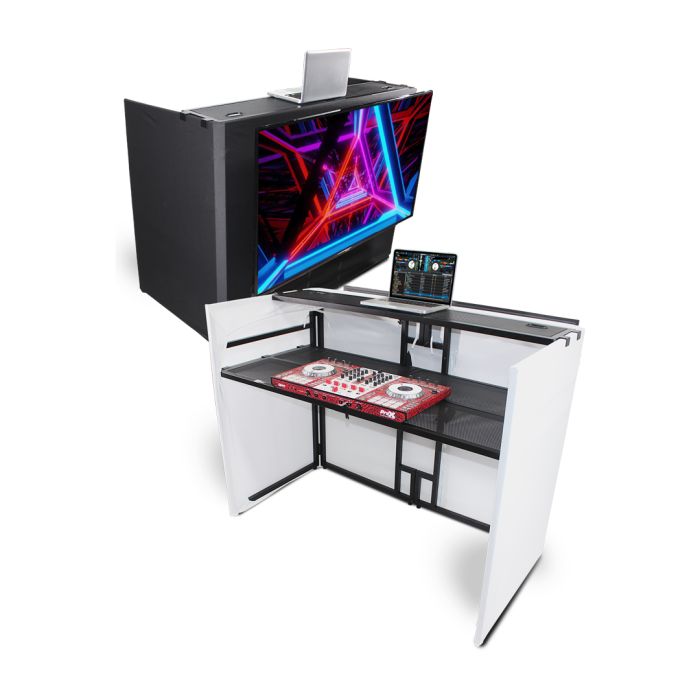 Prox PRXFMESAMEDIAMK2 MESA MEDIA MK2 DJ Facade Table Workstation Includes TV Bracket Mount White & Black Scrims and Carry Bag