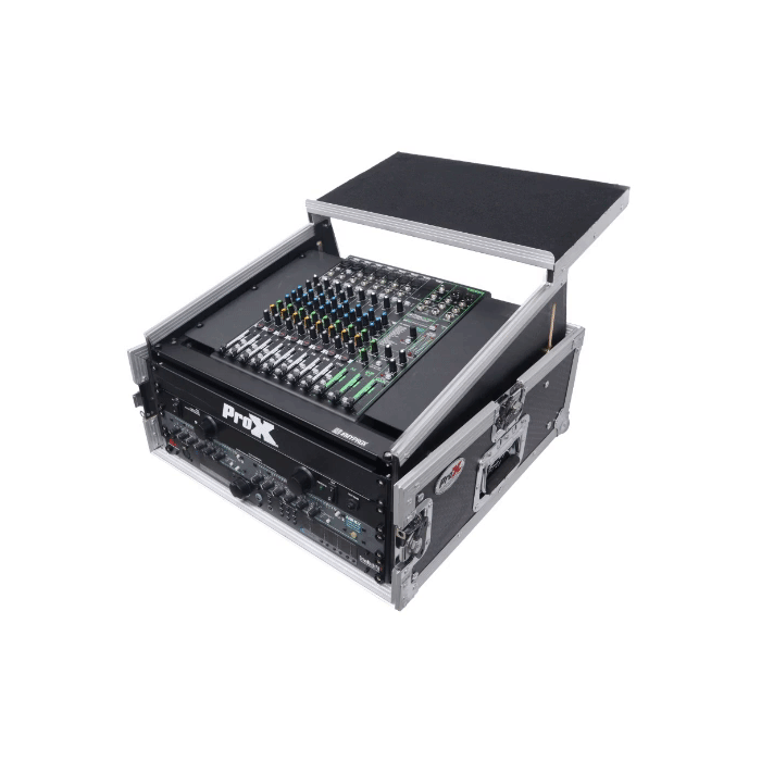 Prox PRT6MRLT 6U Vertical Rack Mount Flight Case with 10U Top for Mixer Combo Amp Rack with Laptop Shelf and Caster Wheels