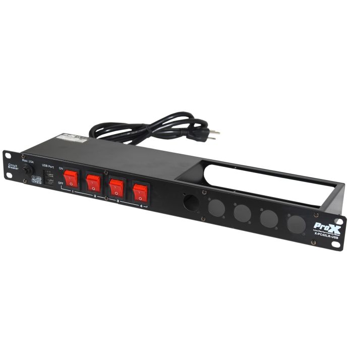 Prox PRXPC4XLRUSB 4 Way Powerkon to Edison AC Power 1U Rack Mountable Power Strip 5x Punched D-Series 15A Breaker On Off LED Toggle Switches