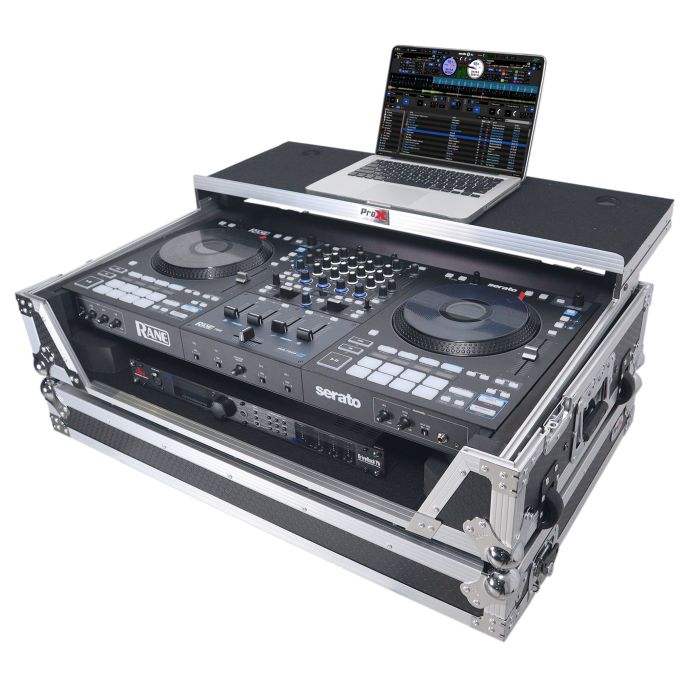 Prox PRXSRANEFOURWLT ATA Flight Style Road Case For RANE Four DJ Controller with Laptop Shelf 1U Rack Space and Wheels